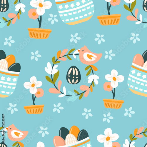 Seamless pattern easter with flowers cartoons easter basket 