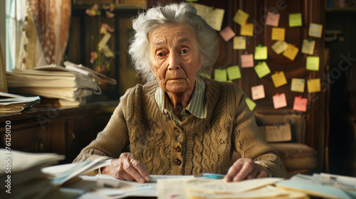 Elderly woman sitting alone with sticky notes for memory reminders at the background.