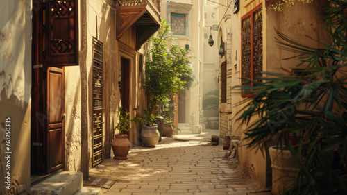 Sun-drenched alley in an old charming town, inviting exploration and adventure.