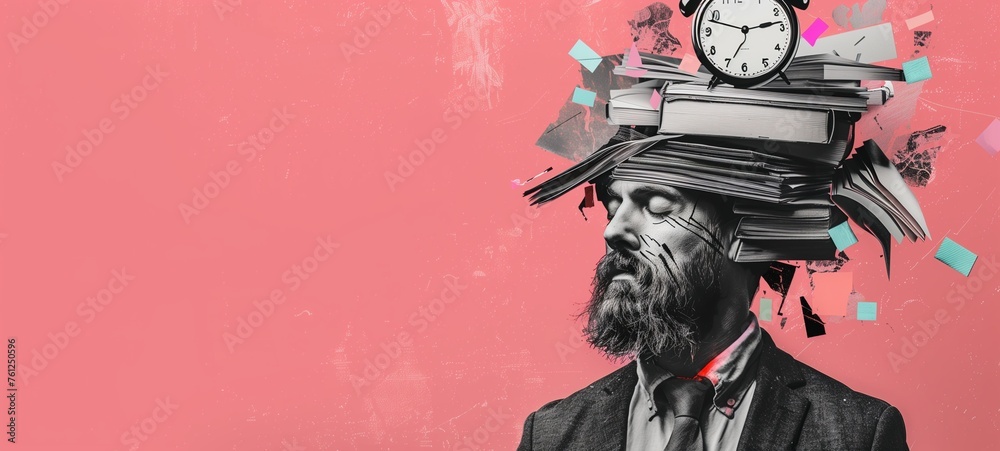 Time management and information overload. A collage-style portrait of a man with a pile of books and a clock atop his head, symbolizing stress and deadlines - obrazy, fototapety, plakaty 