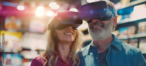 Mature couple experiencing virtual reality in a tech store. Smiling man and woman wearing VR headsets, illuminated by vibrant store lighting. © Maxim