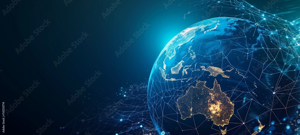 Digital global network concept featuring a glowing Earth with interconnected lines and dots. Signifying major cities or points of connectivity against a dark backdrop. - obrazy, fototapety, plakaty 