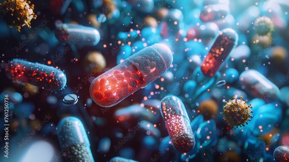 Microbiology and pharmaceutical innovation close-up on microorganisms and drug interactions - obrazy, fototapety, plakaty 