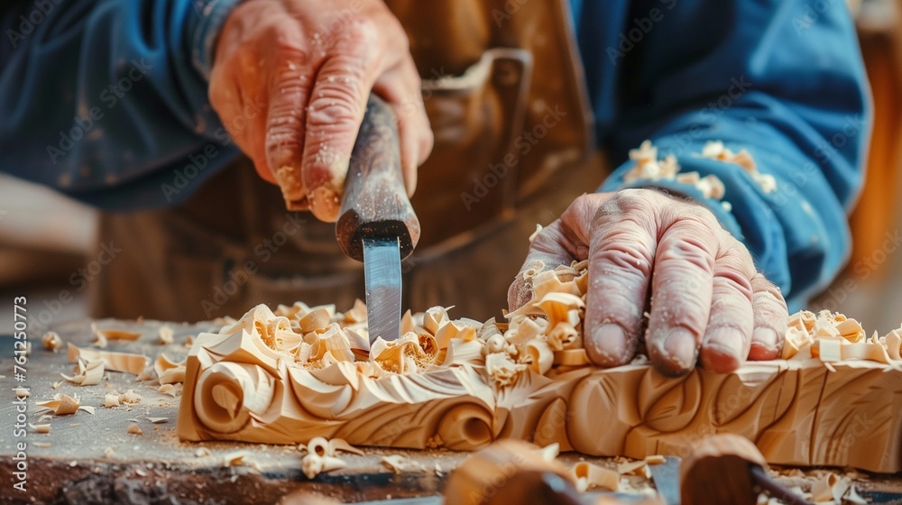 Carpentry craftsmanship. Close-up of a carpenter's hands using a chisel ...