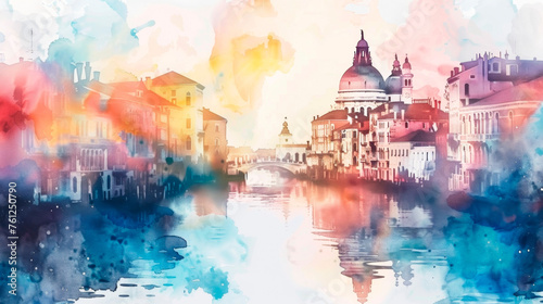 A captivating watercolor painting showcasing a bustling cityscape with tall buildings, busy streets, and colorful traffic. The city skyline is painted with delicate strokes. Banner. Copy space