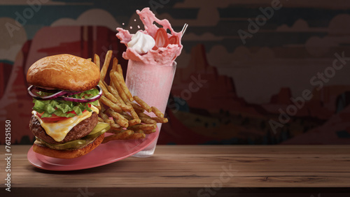 A cheese burger and fries with a strawberry shake (ID: 761251550)