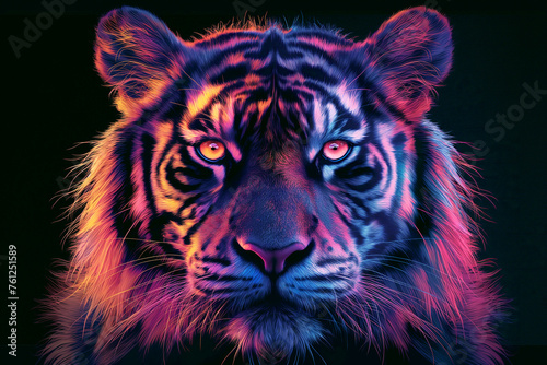 head of multicolored tiger on black background. Drawing for a colored tattoo with an animal