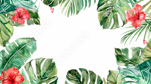 Colorful watercolor painting depicting vibrant tropical leaves, exotic flowers in a lush, natural setting. Every detail of flora is captured with delicate brush strokes, vivid hues. Banner. Copy space