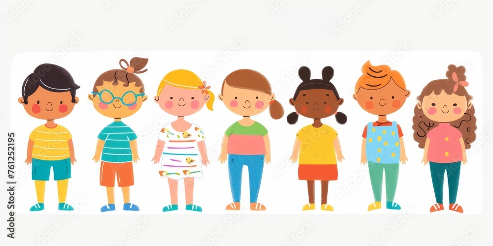 Fototapeta premium Variety of cartoon vector children in colorful outfits. A diverse group of cartoon children standing in row wearing various colorful outfits representing different styles and personalities 