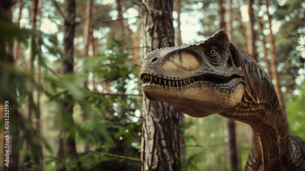 Realistic Velociraptor in forest, resembling movie scene.