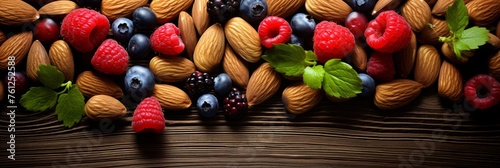 Banner with ripe berries and nuts on a wooden background. Copy space. Top view, flat lay © firax