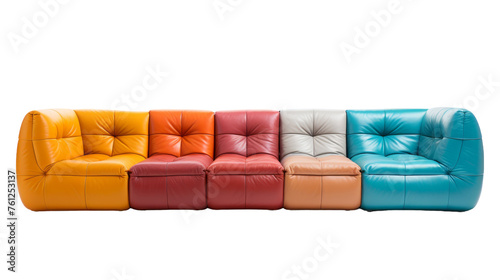 A vibrant multicolored leather couch sits elegantly on a pristine white floor