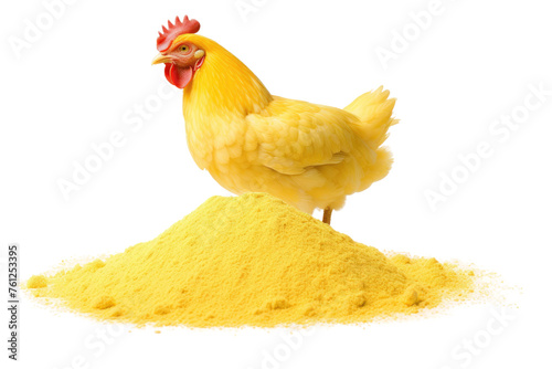 Chicken Standing on Top of Yellow Powder Pile. On a White or Clear Surface PNG Transparent Background. photo