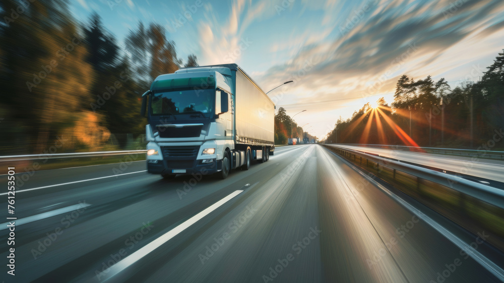 Speeding truck on highway at sunset, racing towards the horizon.