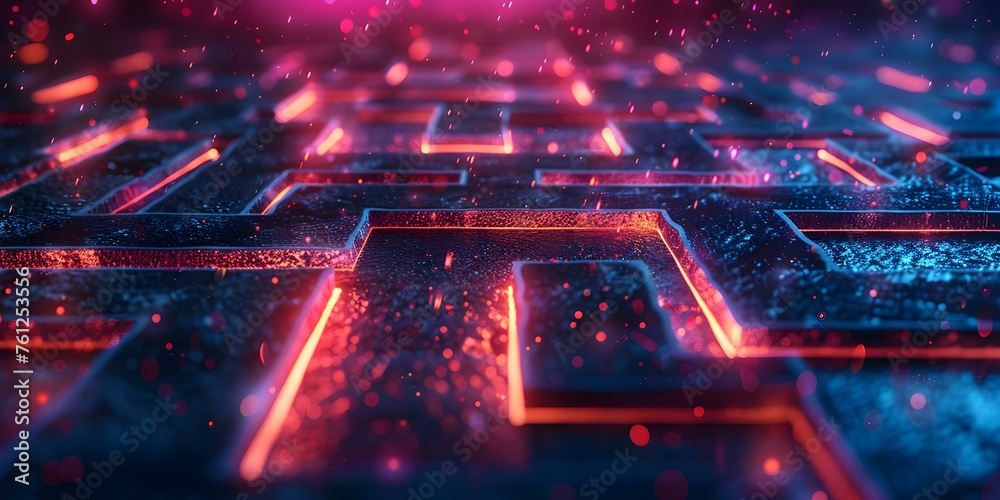 Navigating a neon-lit maze to protect against cyber threats. Concept Cybersecurity, Neon Lighting, Maze Navigation, Protection Strategies, Cyber Threats