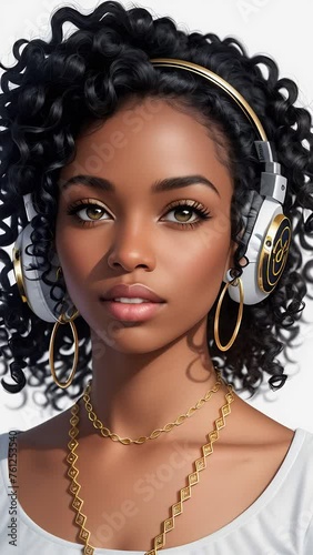 Portrait of a young woman with dark skin and black curly hair, wearing headphones and a gold chain. Concept: Youth culture, musical pleasure, modern style.