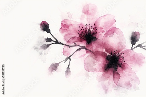Graceful branches adorned with blooming flowers create a harmonious scene, evoking feelings of renewal and calm, black and white watercolor nice flowers, isolated on white background, copy-paste 