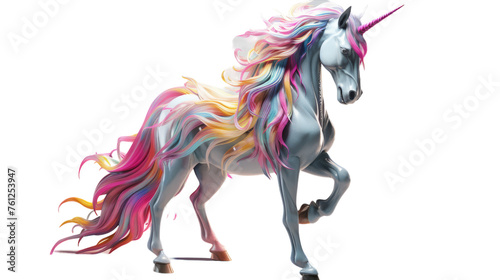 A majestic white unicorn with a vibrant multicolored mane and tail prances gracefully