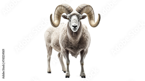 A majestic ram with large horns stands boldly against a white background