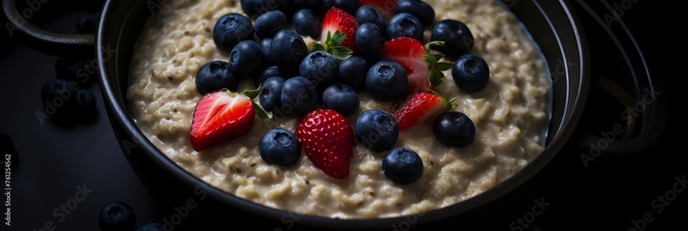 Delicious oatmeal bowl with fresh strawberries and blueberries, healthy breakfast option