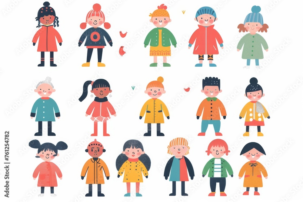 Variety of cartoon vector children in colorful outfits. A diverse group of cartoon children standing in row wearing various colorful outfits representing different styles and personalities 