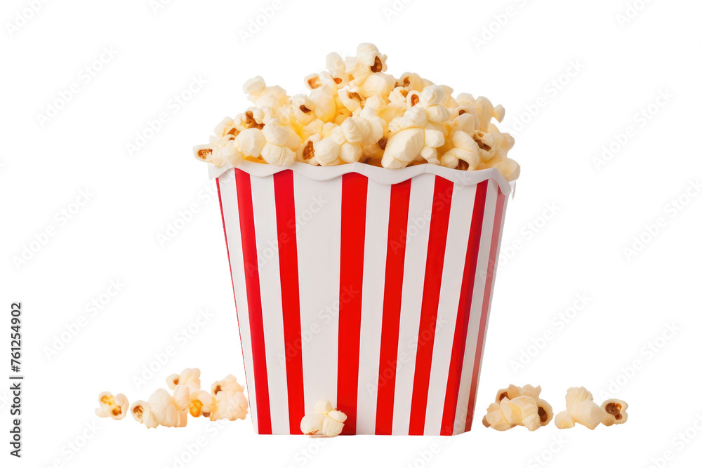 Red and White Striped Bucket Filled With Popcorn. On a White or Clear Surface PNG Transparent Background.