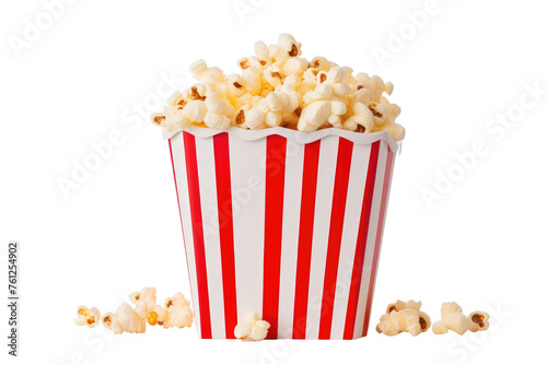 Red and White Striped Bucket Filled With Popcorn. On a White or Clear Surface PNG Transparent Background.