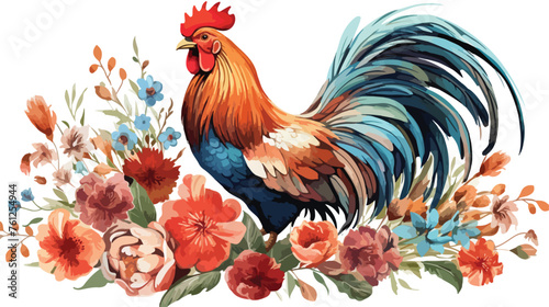 Watercolor flowers and rooster composition © RedFish