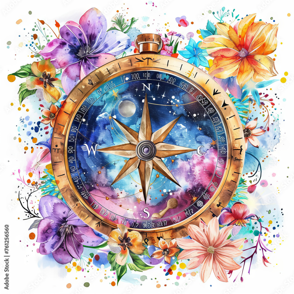 Colorful compass with flower surround watercolor on white background