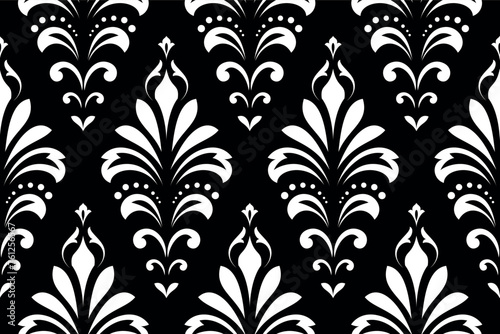 Wallpaper in the style of Baroque. Seamless vector background. White and black floral ornament. Graphic pattern for fabric, wallpaper, packaging. Ornate Damask flower ornament.