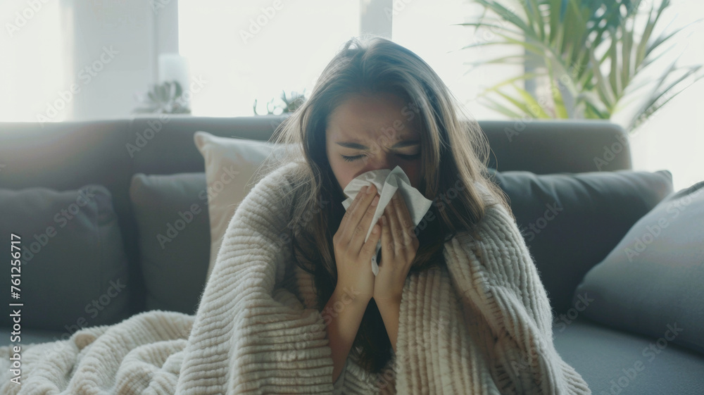 Woman comforts herself with a tissue while feeling unwell. Woman comforts herself with a tissue while feeling unwell.
