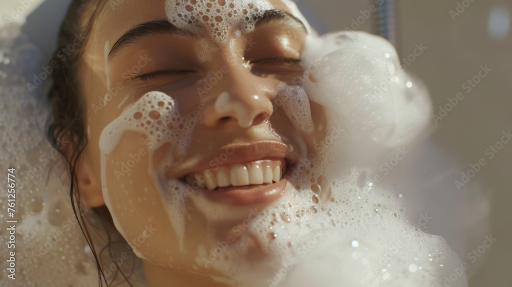 Euphoric woman covered in bubbles enjoys her bath time.