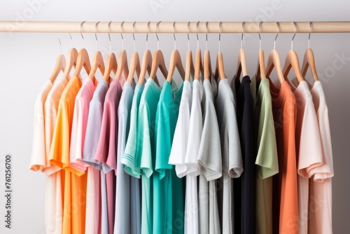 Minimalist t-shirts in pastel colors hanging on hangers, fresh and stylish clothing concept