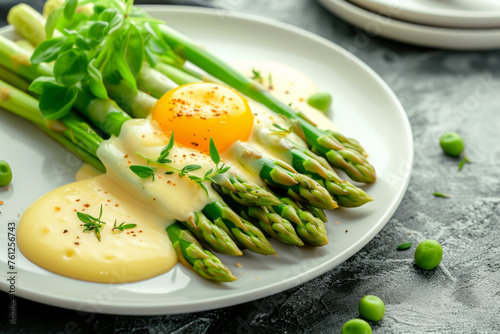 Spring asparagus cooked with egg and hollandaise cheese on a plate close up on a beautiful background
