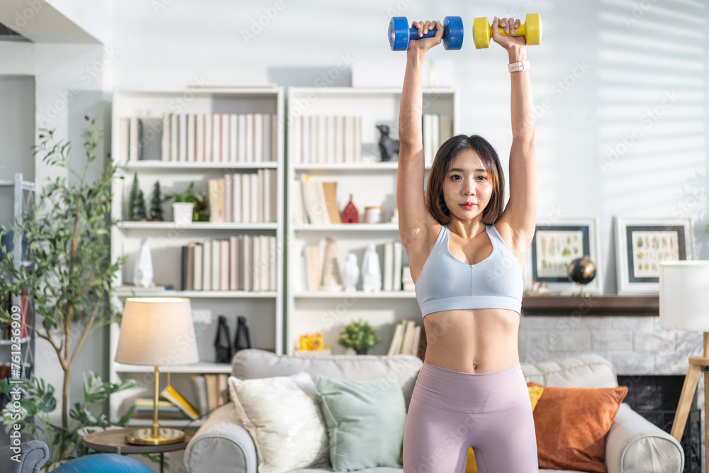 Portrait of sport slim fit strength asian woman training in sportswear relax and practicing yoga, fitness, exercise, wellness, workout, sport at home.Diet concept.Fitness and healthy lifestyle - obrazy, fototapety, plakaty 