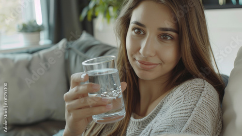 A relaxed woman at home holds a glass of water, exemplifying the simplicity of self-care.