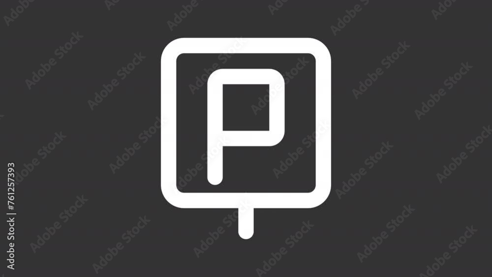 Animated parking sign white icon. Letter P swaying line animation. Available parking lot. Valet service. Hotel amenity. Isolated illustration on dark background. Transition alpha video. Motion graphic Animated parking sign white icon. Letter P swaying line animation. Available parking lot. Valet service. Hotel amenity. Isolated illustration on dark background. Transition alpha video. Motion graphic