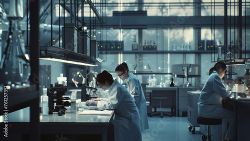 Modern laboratory with scientists conducting research, embodying innovation and diligence.