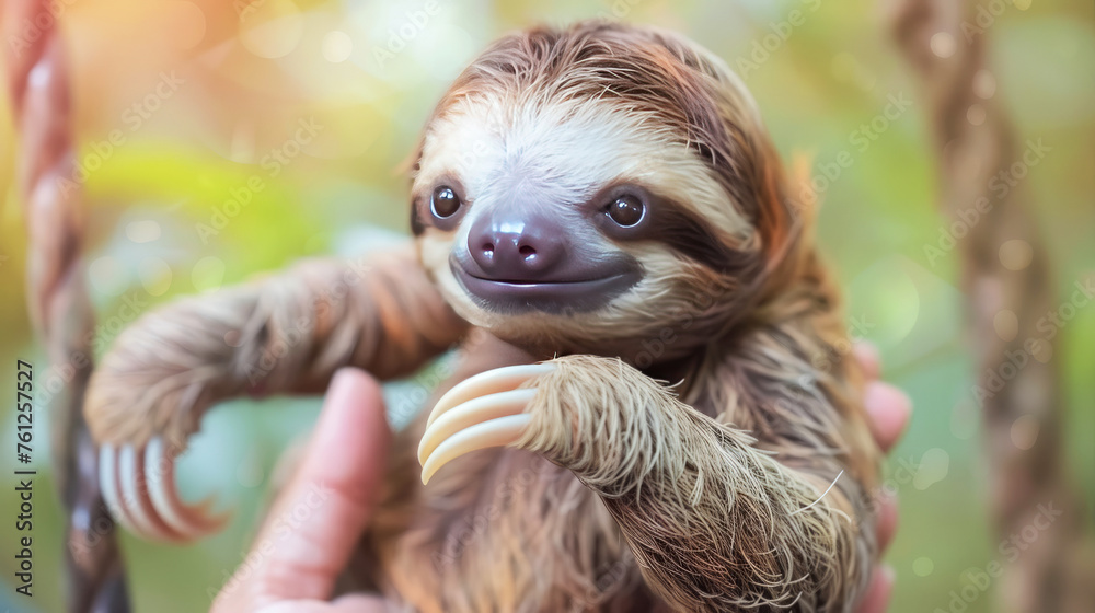 Smiling baby sloth held in a gentle embrace, highlighted by the soft bokeh of a nature backdrop Smiling baby sloth held in a gentle embrace, highlighted by the soft bokeh of a nature backdrop