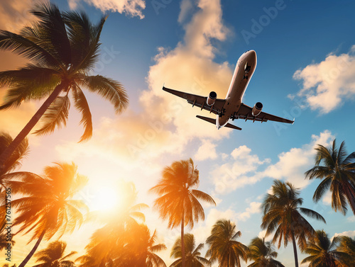 Airplane flying above palm trees in clear sunset sky with sun rays. Concept of traveling, vacation and travel by air transport. Beautiful sky background  © Business Pics