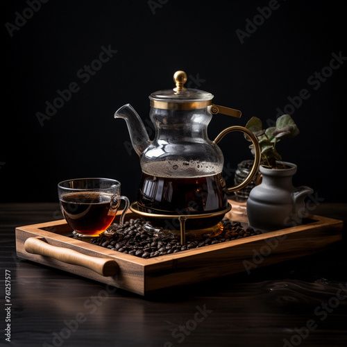 Alternative coffee brewing method,pure over,glass teapot on wooden tray with brewed coffee on dark background 