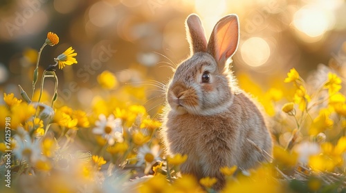 Cute Easter bunny on a garden with yellow background.
