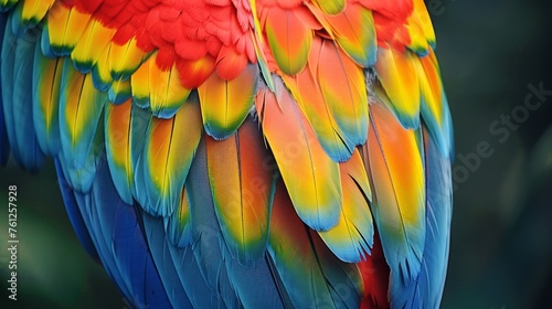 Colorful of Scarlet macaw bird's feathers with red yellow orange and blue shades, exotic nature background and texture © Emil