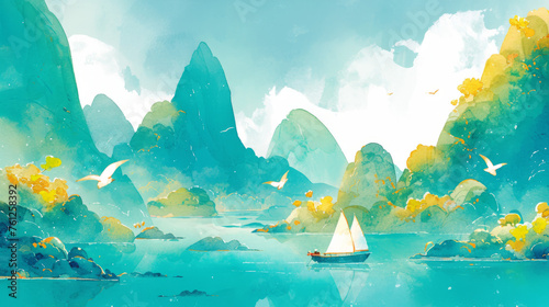 Chinese mountains and seas watercolor landscape on white background