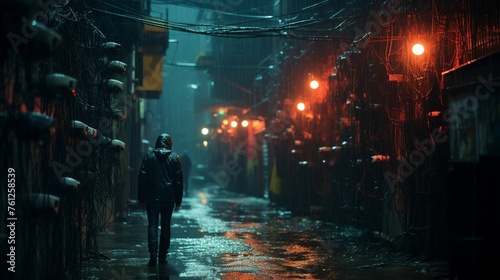 Solitary Figure Walking in Rainy Urban Alley photo