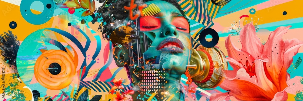 Summer Music Collage, Surreal Trendy Contemporary Poster, Summer Music Concept Summer Music Collage, Surreal Trendy Contemporary Poster, Summer Music Concept