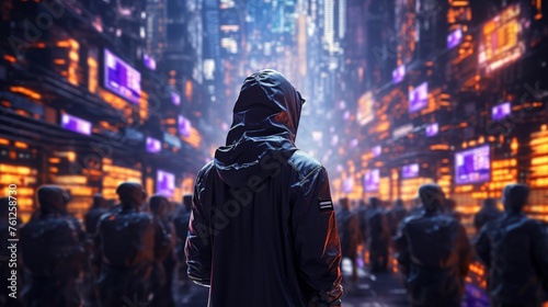 Data Miner, Protective Hood, Cybernetic being, Searching through digital archives, Crowded cityscape, Futuristic technology, Neon lights, 3D Render, Backlights, Handheld shot view