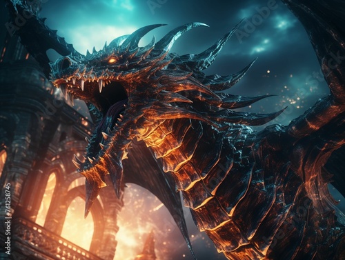 Dragon, scales, majestic creature, soaring above a medieval castle, engulfed in flames, 3D render, backlighting, chromatic aberration, Dolly zoom effect , in style of futuristic neon