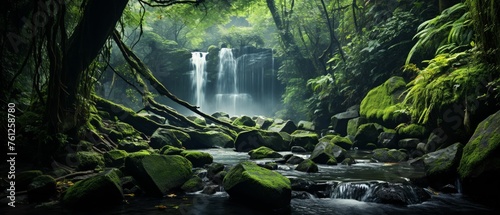 Enchanted Waterfall, moss-covered rocks, shimmering cascade of water in a lush rainforest Photography style shot, under a canopy of green leaves