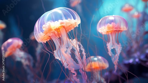 Glowing jellyfish, underwater world exploration, 3D render, Bioluminescence lighting, Depth of field bokeh effect, Birds-eye view